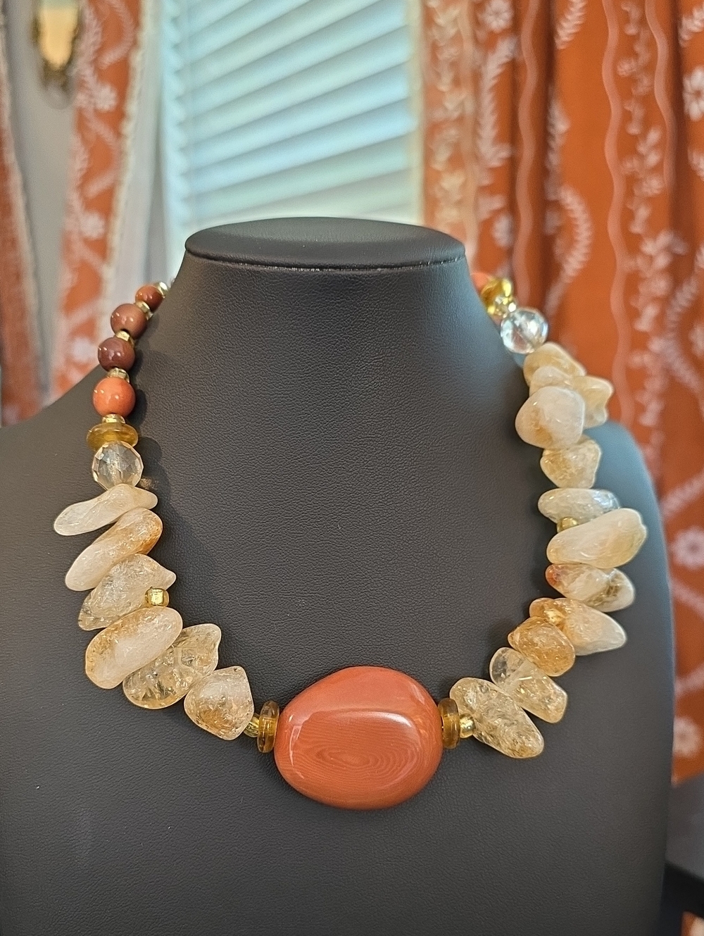 Statement Citrine and Coral Bead Necklace - Gold Accents